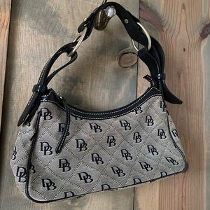 Vintage Dooney & Bourke Monogrammed Shoulder Bag; gray w black Trim red Lining